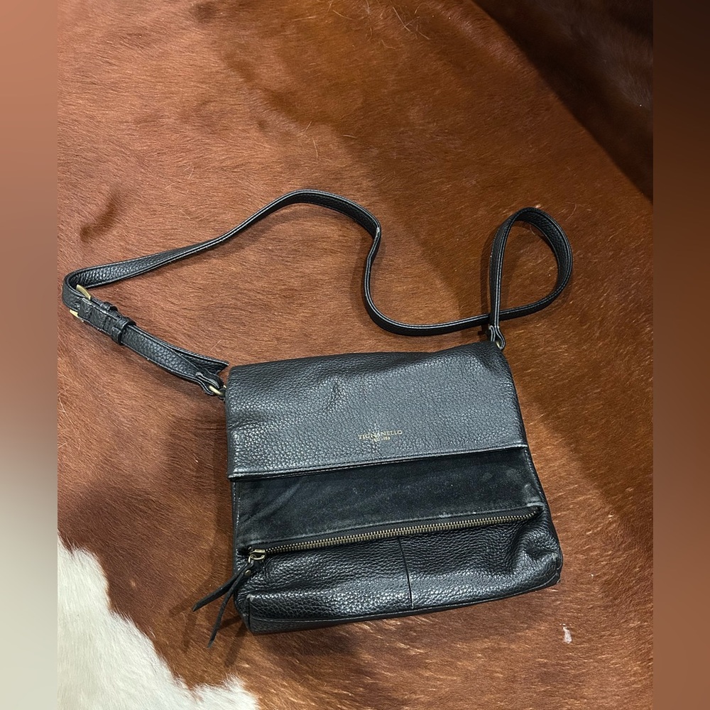 Tignanello Black Leather & Suede Satchel Crossbody Bag Boho Luxe Tote Purse